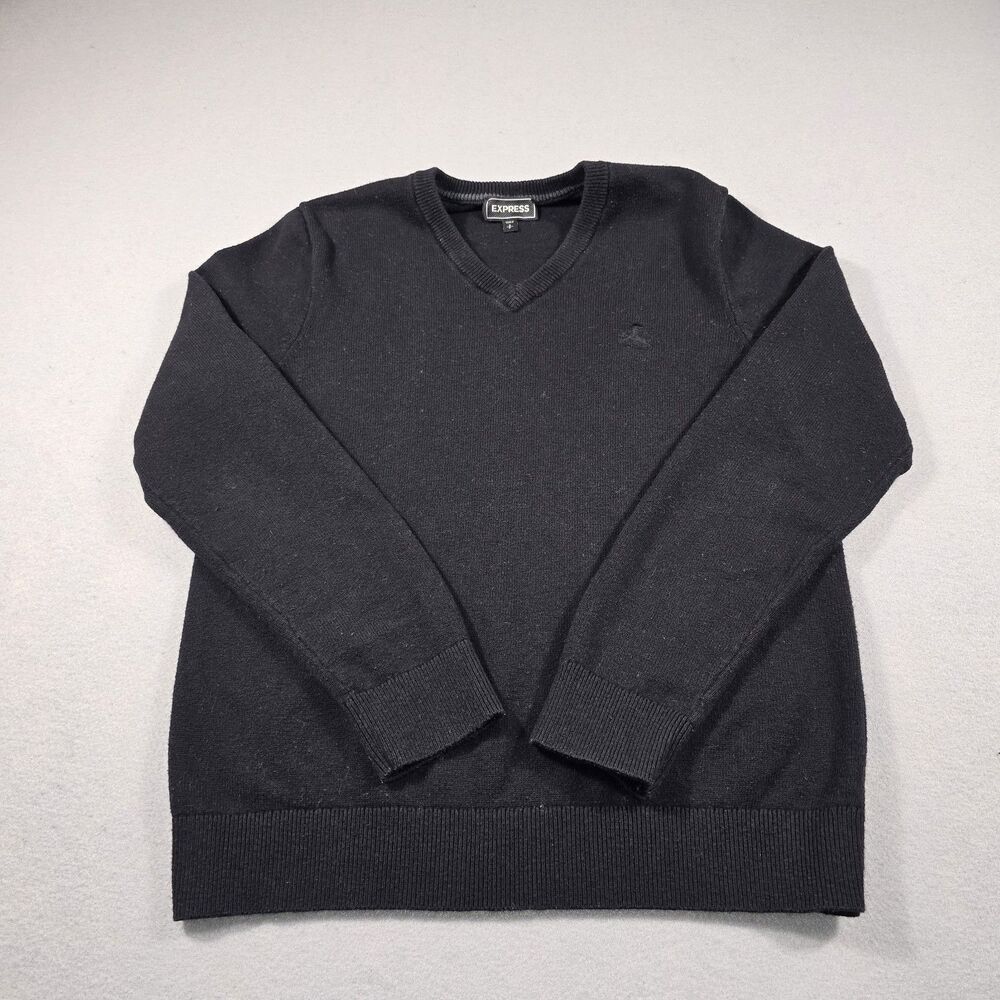 Express Men's Small Black V-Neck Sweater Embroidered Logo Long Sleeve Slim Fit